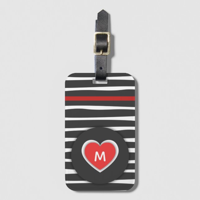 Modern Black and White Stripe Red Heart Bagagebricka (Framsida vertikal)