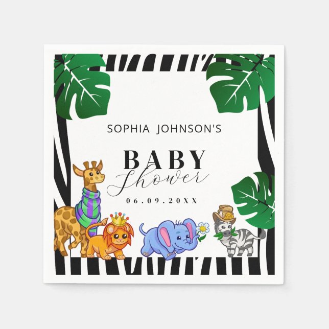 Modern Black and White Stripe Safari  Baby Shower  Pappersservett (Framsidan)