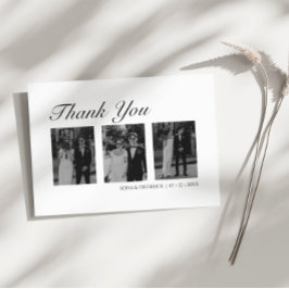 Modern Black and White Three Photo Bröllop Tack Kort