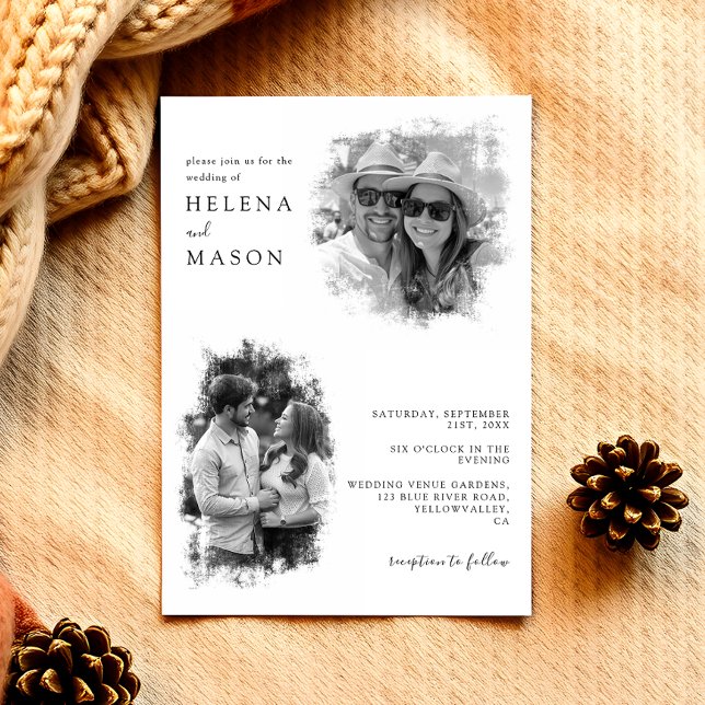 Modern Black and White Two Photo bröllop Inbjudningar (Skapare uppladdad)