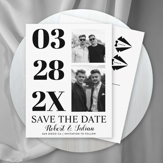 Modern black and white two photo gay Save the Date Vykort (Skapare uppladdad)