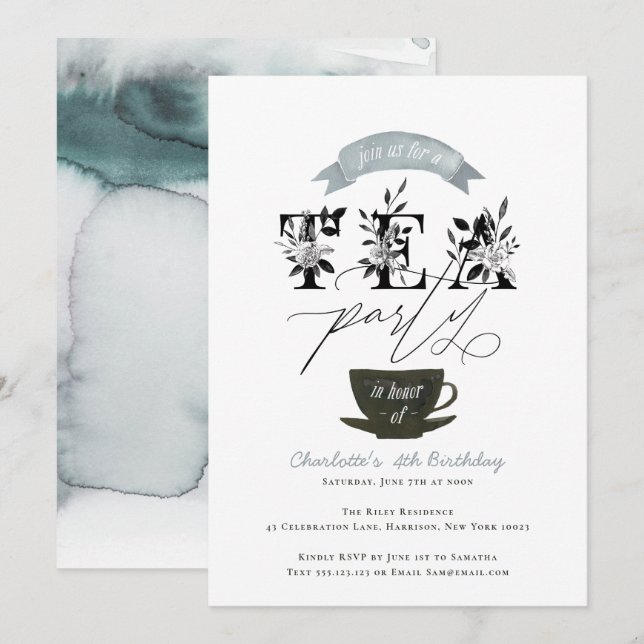 Modern Black and White Watercolor Tea Party Inbjudningar (Fram/baksida)