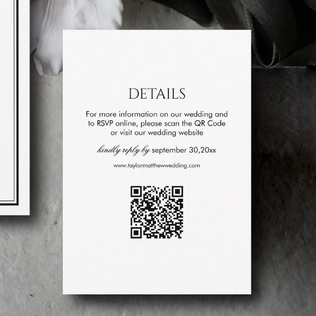 Modern Black and White Wedding Details Qr Code Tilläggskort (Skapare uppladdad)