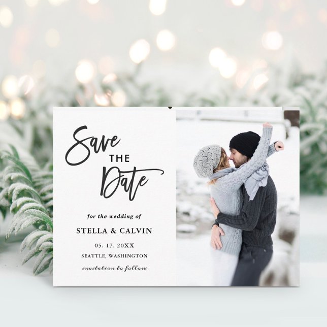 Modern Black and White Wedding Photo Save the Date Meddelande Vykort (Skapare uppladdad)