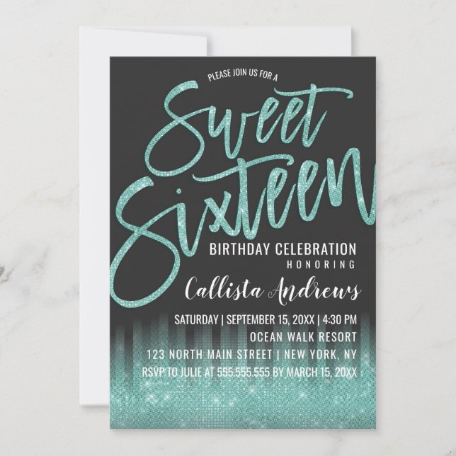 Modern Black Aqua Glitter Typography Sweet 16 Inbjudningar (Framsida)