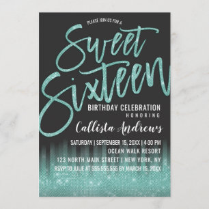 Modern Black Aqua Glitter Typography Sweet 16 Inbjudningar