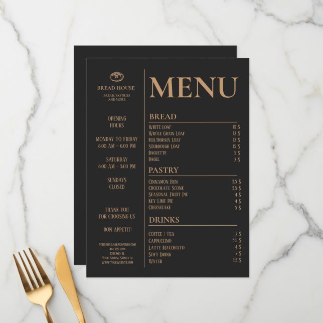 Modern Black Bakery, Caffee Bord Menu Meny (Fram/Back In Situ)