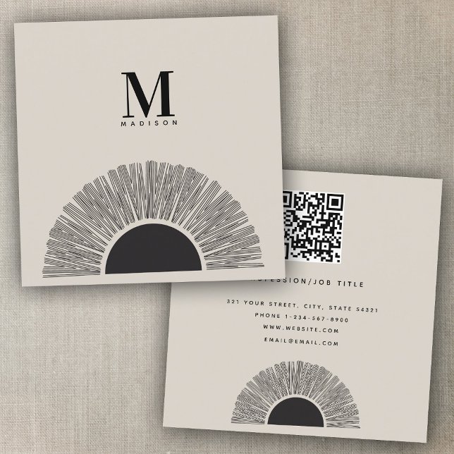 Modern Black & Beige Sunset Abstrakt Art QR-kod Fyrkantigt Visitkort (Modern Black & Beige Sunset Abstract Art QR Code Square Business Card)