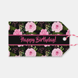 Modern Black Beval Rosa ros Grattis på födelsedage Presentetikett