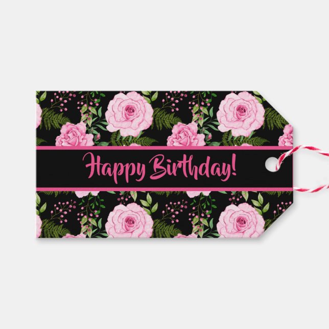 Modern Black Beval Rosa ros Grattis på födelsedage Presentetikett (Framsidan (Horizontal))