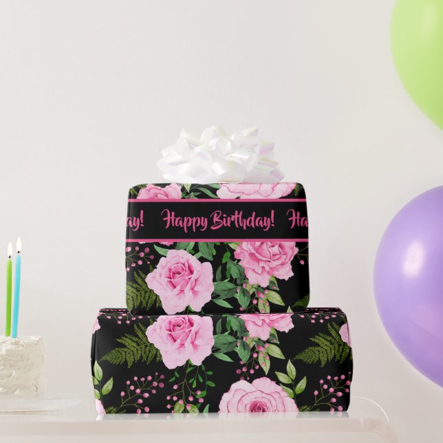 Modern Black Beval Rosa ros Mönster Presentpapper (Festgåvor)