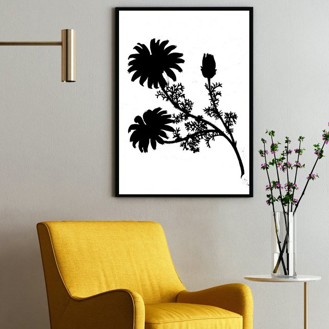 Modern Black Bläck Abstrakt Wildblomma Daisy Art Poster (Modern Black Ink Abstract Wildflower Daisy Art Poster)
