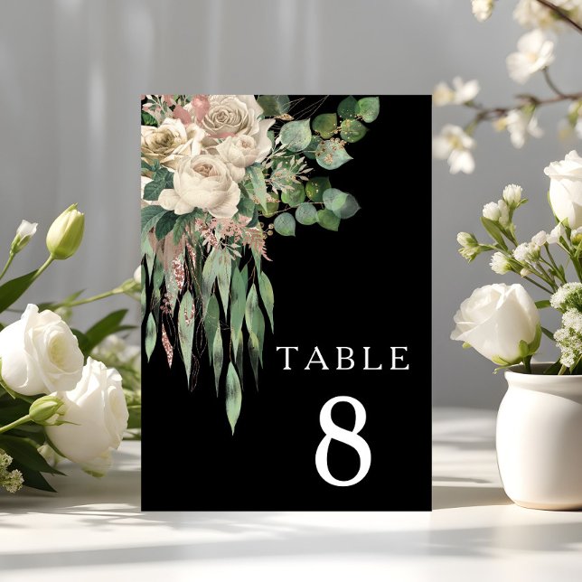 Modern Black Blommigt Bröllop Bordsnummer (Modern Black Floral Wedding Table Number)