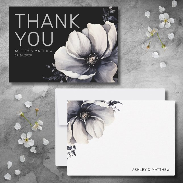 Modern Black Blommigt Bröllop Tack Kort (Modern Black Floral Wedding Thank You Card)