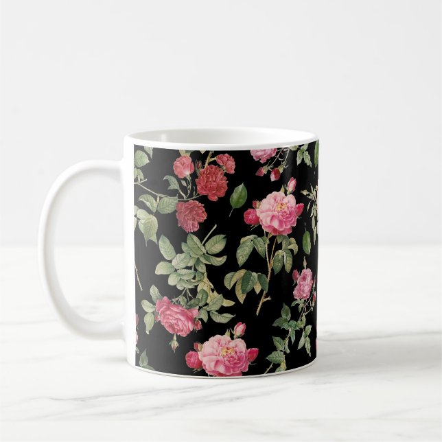 Modern Black Blommigt Cream Rosa ros Mönster Kaffemugg (Vänster)