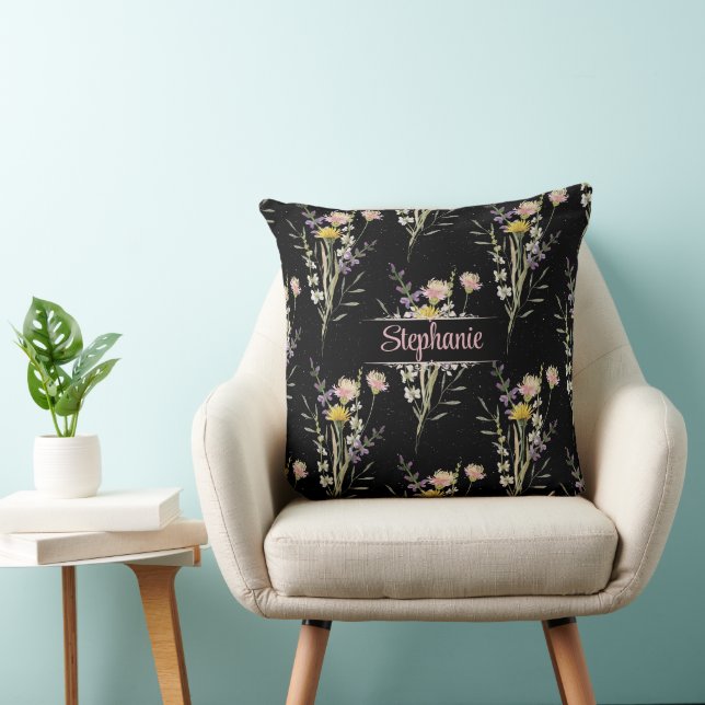 Modern Black Blommigt Land Wildblommor Kudde (Stol)