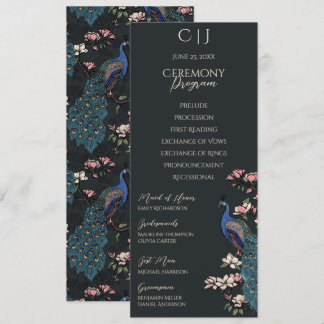 Modern Black Blommigt Peacock Bröllopsprogram Card