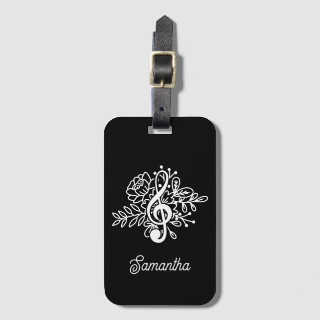 Modern Black Blommigt Treble Clef Musician Choir Bagagebricka (Framsida vertikal)