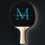 Modern Black Blue Monogram Elegant Script Namn Pingisracket<br><div class="desc">Modern svart lågenergiskript för svart Elegant i svart,  Namn Ping Pong Paddle</div>