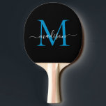 Modern Black Blue Monogram Elegant Script Namn Pingisracket<br><div class="desc">Modern svart lågenergiskript för svart Elegant i svart,  Namn Ping Pong Paddle</div>