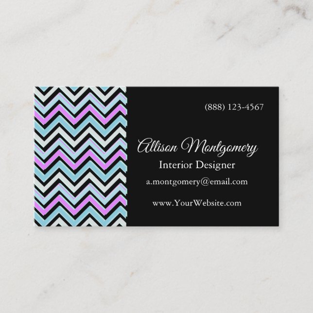 Modern Black, Blue, White och Rosa Chevron Patter Visitkort (Framsida)