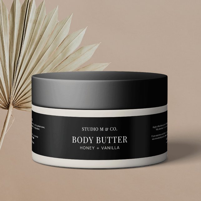 Modern Black Body Lotion 4OZ Burk Wrapper-etikett Etikettband (Simple, yet stylish, fully editable product label for cosmetic jars)