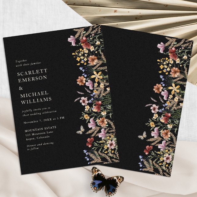 Modern Black Boho Bröllop Inbjudningar (Modern Black Boho Wedding Invitation with Butterfly by Painted Paperie
)