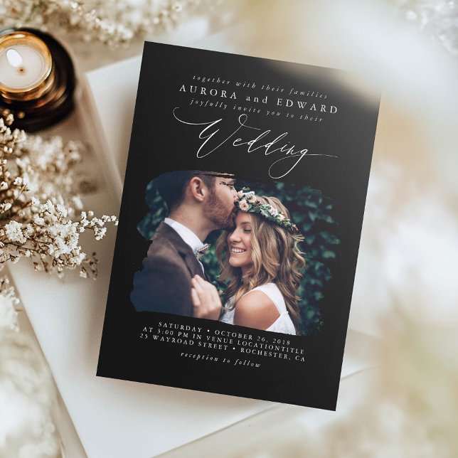 Modern Black Boho Bröllop Photo Inbjudningar (Elegant Black Wedding Photo Invitation)