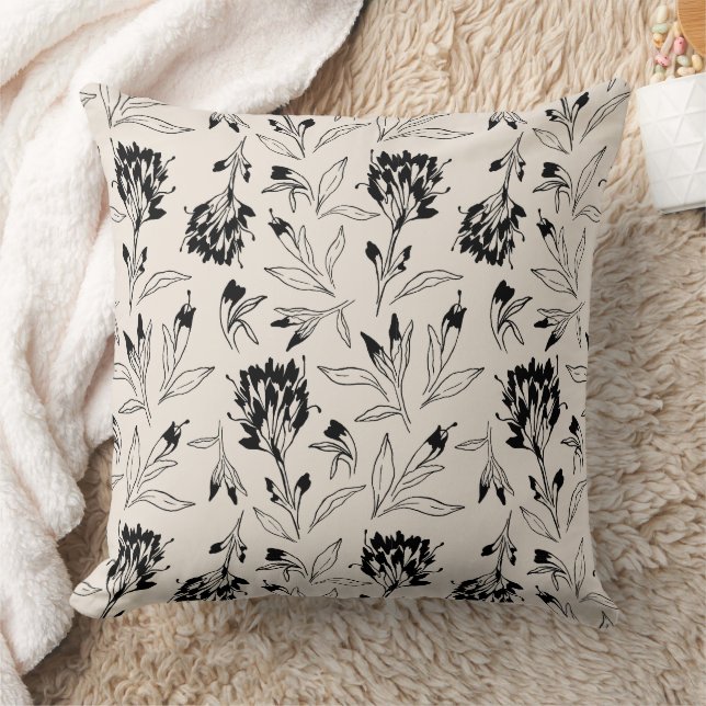 Modern Black Botanical Floral Sketch Pattern Kudde (Filt)