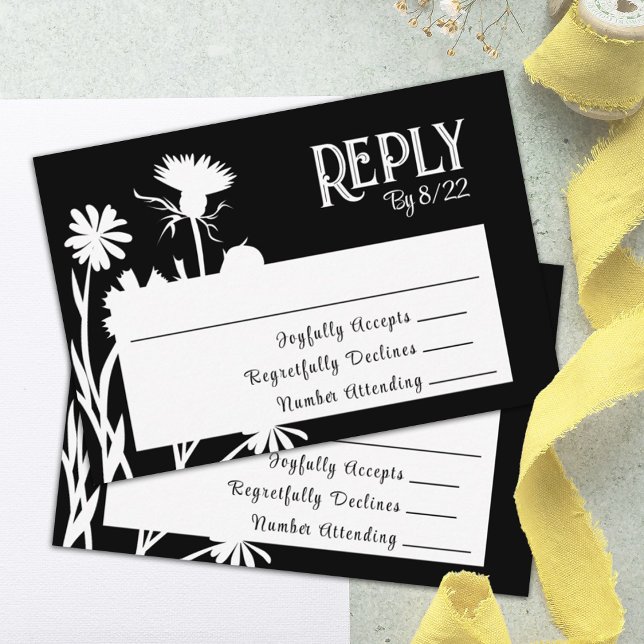 Modern Black Botanical OSA kort (black floral rsvp, reply, response bat mitzvah rsvp enclosure card)