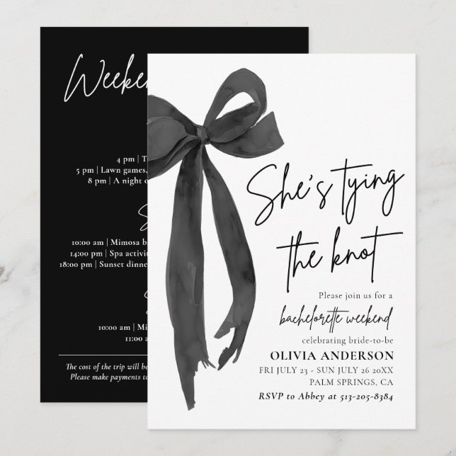 Modern Black Bow Bachelorette Helg Itinerary Inbjudningar (Fram/baksida)