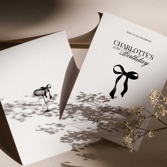 Modern Black Bow Birthday Invitation Inbjudningar (Skapare uppladdad)