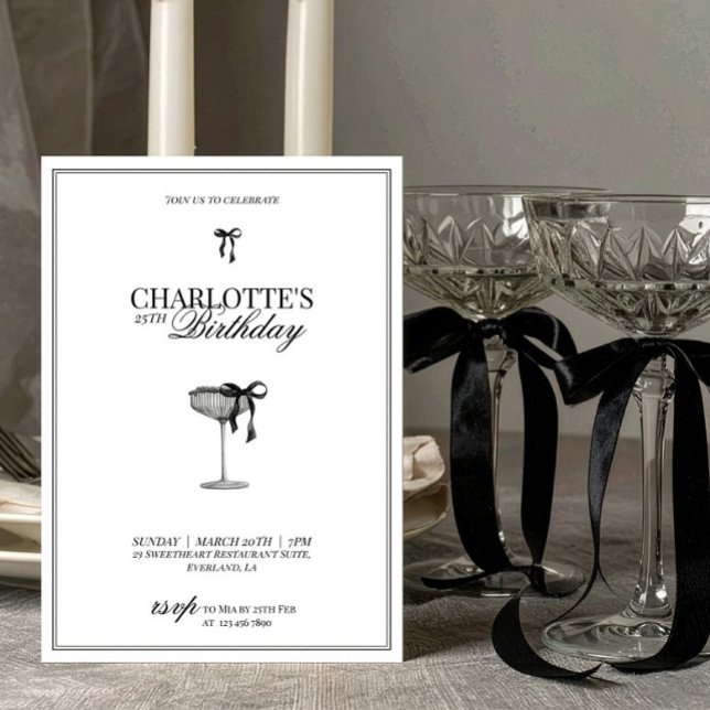 Modern Black Bow Champagne Birthday Invitation Inbjudningar (Skapare uppladdad)
