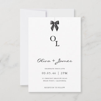 Modern Black Bow Monogram Wedding Invitation Inbjudningar