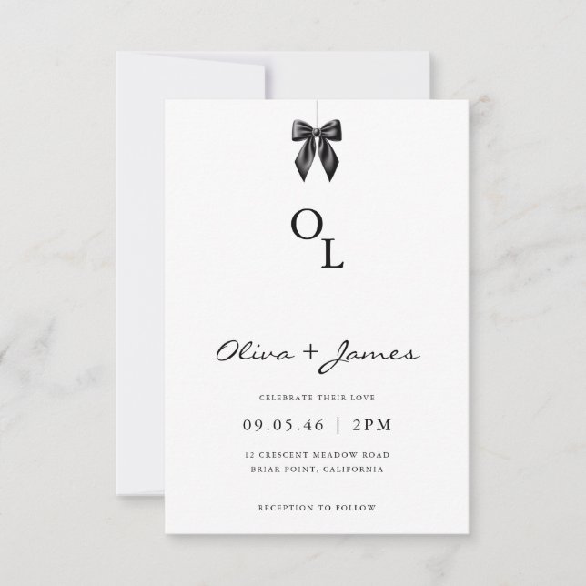 Modern Black Bow Monogram Wedding Invitation Inbjudningar (Framsida)