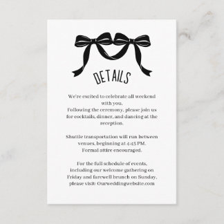 Modern Black bow Wedding Details Enclosure Card  Tilläggskort