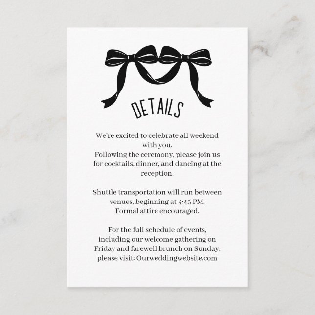 Modern Black bow Wedding Details Enclosure Card  Tilläggskort (Framsida)