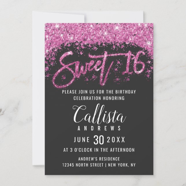 Modern Black Bright Rosa Glitter Dust Sweet 16 Inbjudningar (Framsida)