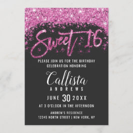 Modern Black Bright Rosa Glitter Dust Sweet 16 Inbjudningar