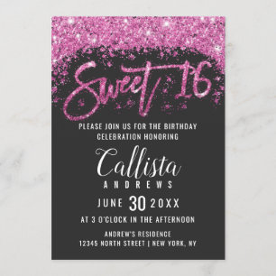 Modern Black Bright Rosa Glitter Dust Sweet 16 Inbjudningar