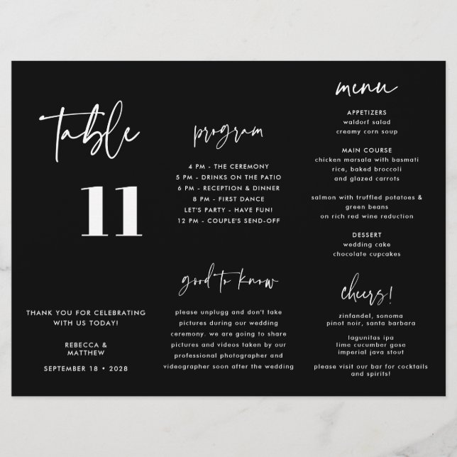 Modern Black Bröllop Menu Program Trifold (Framsida)