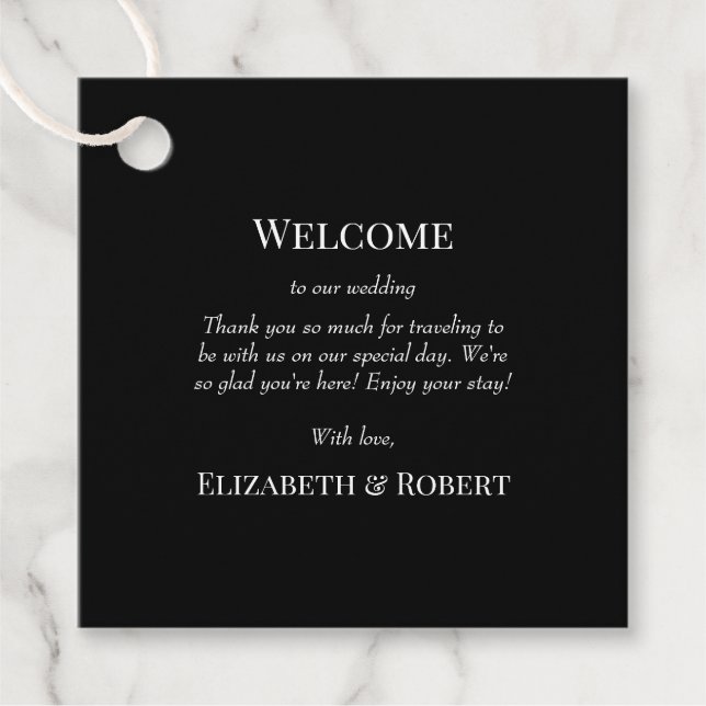 Modern Black Bröllop Welcome Gift Märkre Gåvor Etiketter (Framsida)
