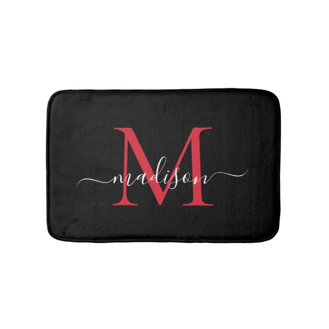 Modern Black Burgundy Red Monogram-Elegant Badrumsmatta (Framsidan)