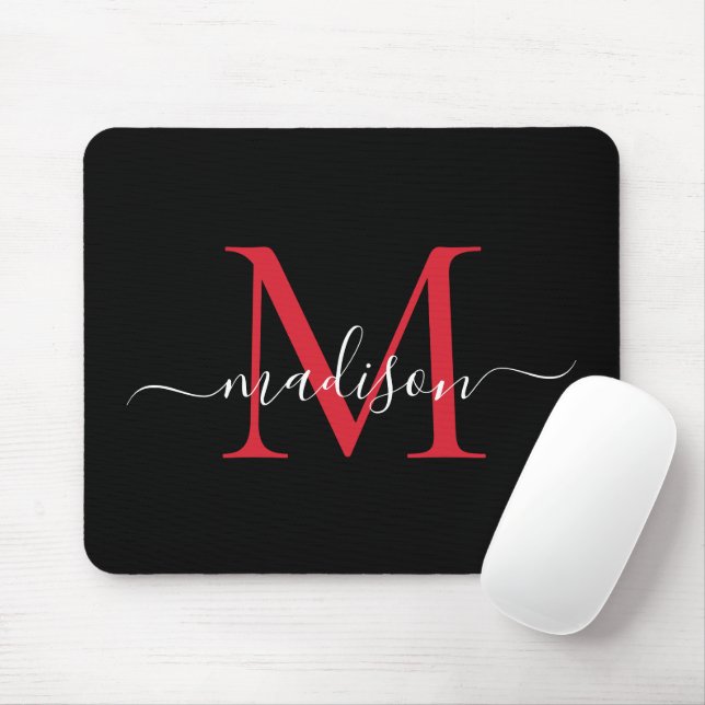 Modern Black Burgundy Red Monogram Girly-skript Musmatta (Med mus)
