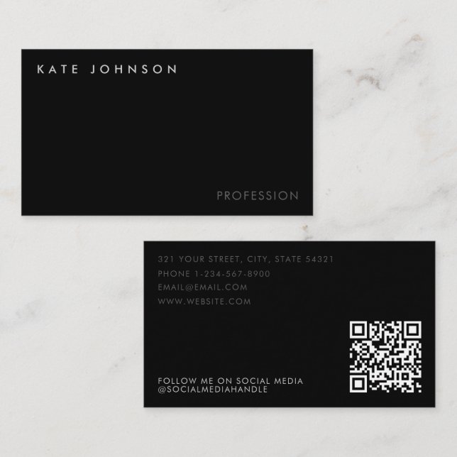 Modern Black Business Professionell QR-kod Visitkort (Fram/baksida)