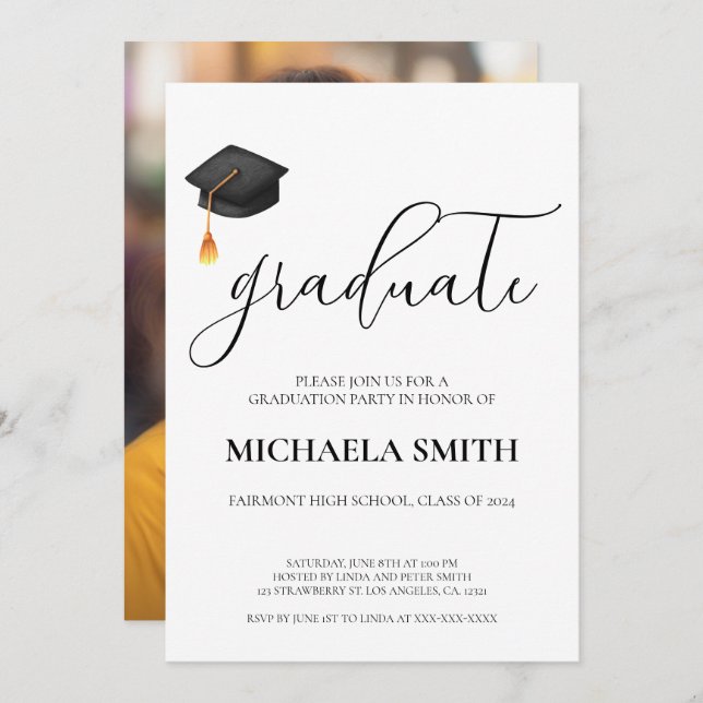 Modern Black Cap High School Photo Studenten Inbjudningar (Fram/baksida)