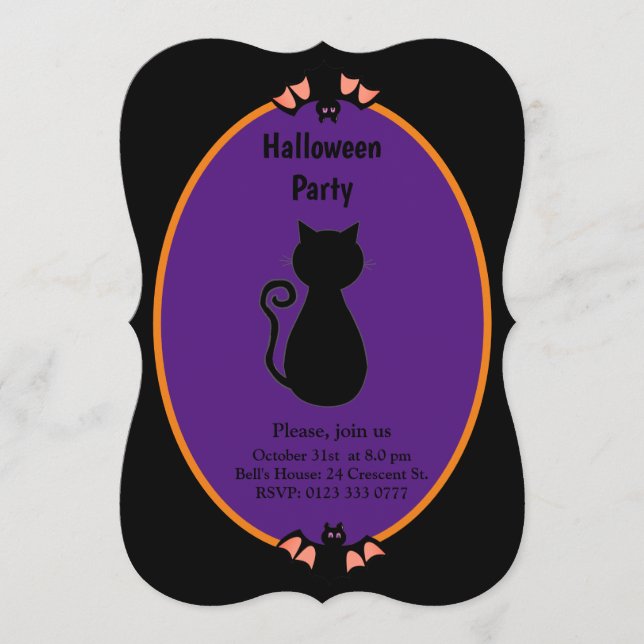 Modern Black Cat & Fladdermöss Halloween-inbjudan Inbjudningar (Framsida)