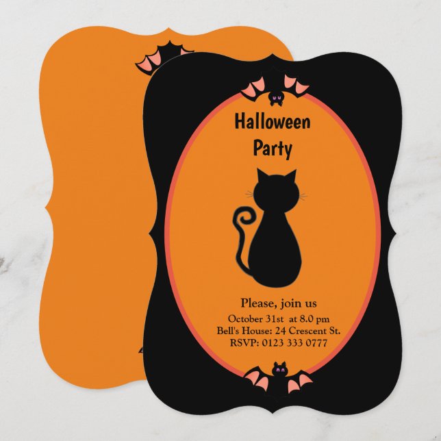 Modern Black Cat & Fladdermöss Halloween-inbjudan Inbjudningar (Fram/baksida)