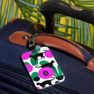 Modern Black Cat och Cactus Mönster Monogram Bagagebricka