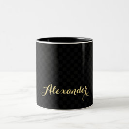 Modern Black Checkated Chic Elegant Faux Guld Namn Två-Tonad Mugg